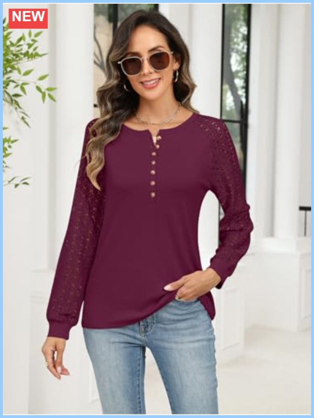 Minetom Womens Lace Long Sleeve Henley Shirt Casual Blouse Soft Stretchy - Picture 2 of 6